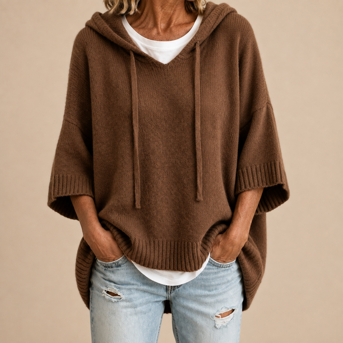 Oriana knitted poncho, hood with drawstring