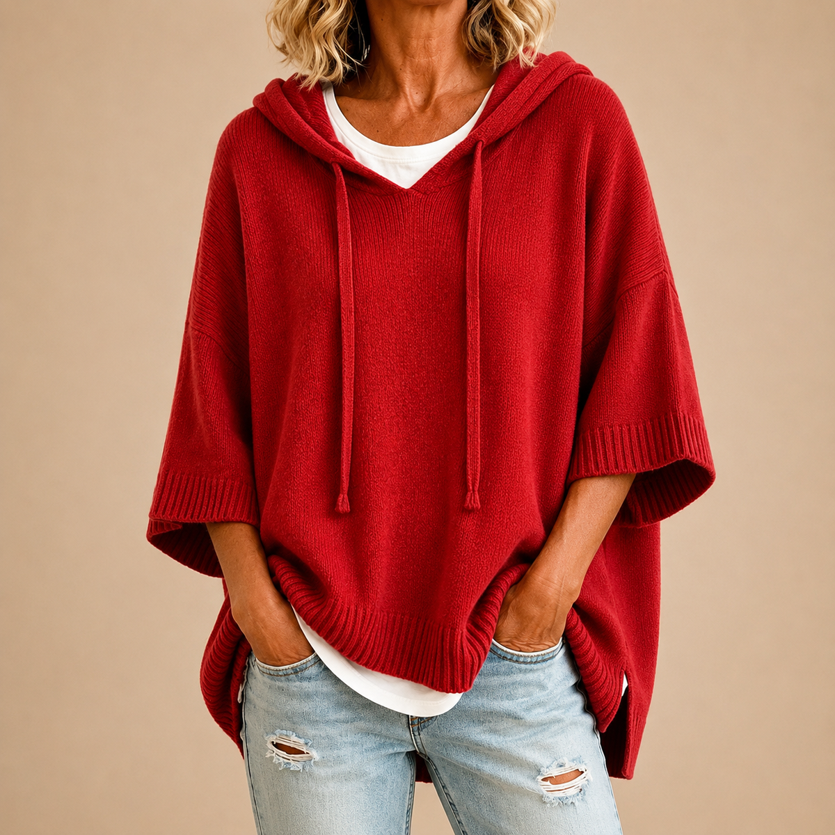 Oriana knitted poncho, full length view