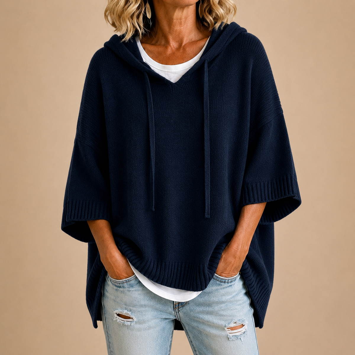 Oriana knitted poncho, knit texture close up