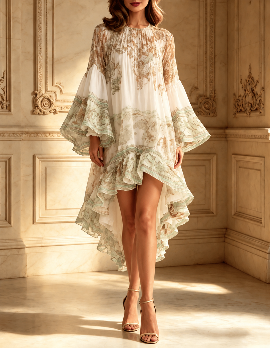 Green Print Ruffle Hem Flounce Sleeve Chiffon Mini Dress
