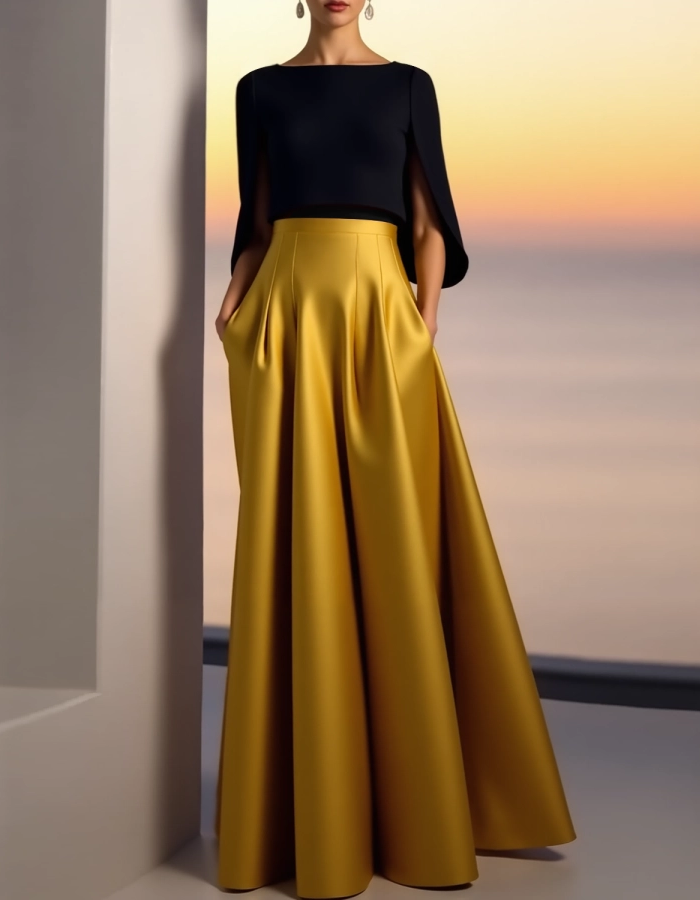 Black and Gold Satin Maxi Dress with Boat Neckline