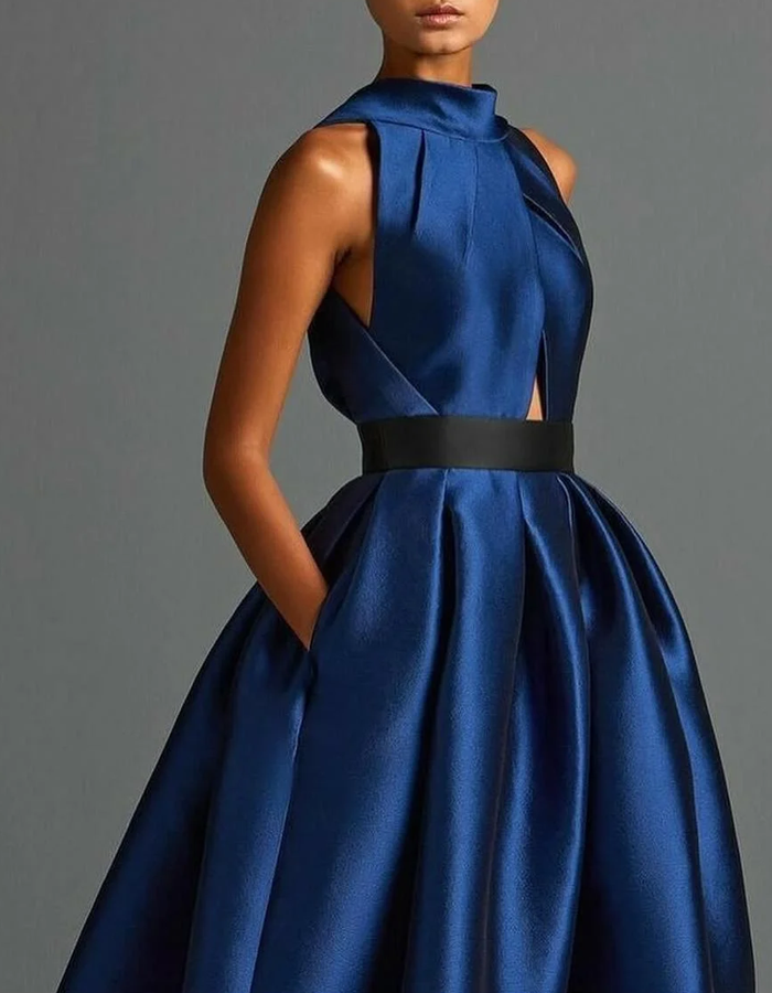 Maxi dress in satin with high neckline