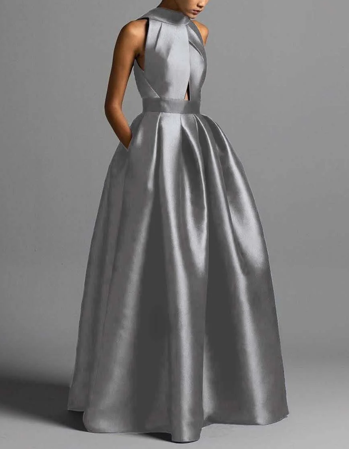 Maxi dress in satin with high neckline