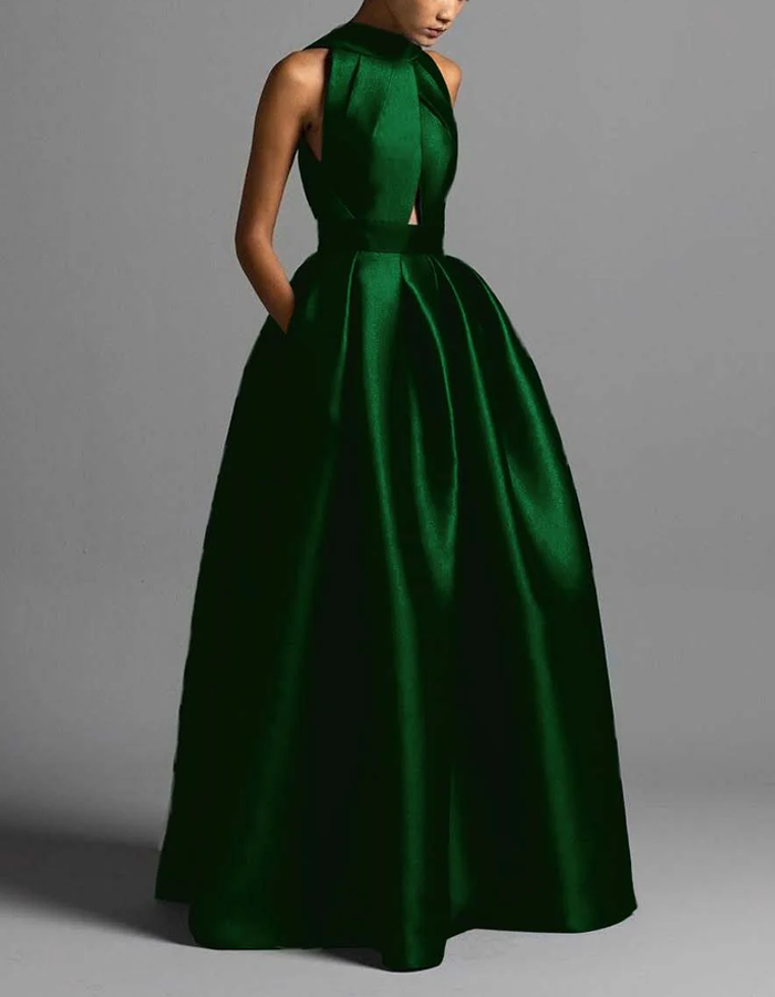 Maxi dress in satin with high neckline