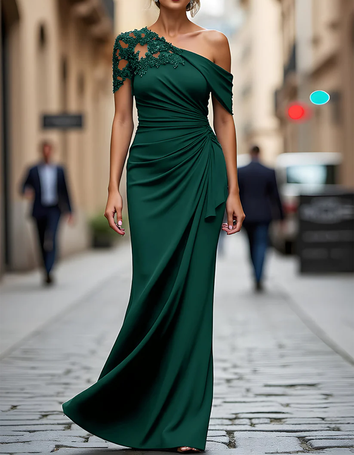 Maxi dress with one shoulder, lace appliqué, and pleated fabric
