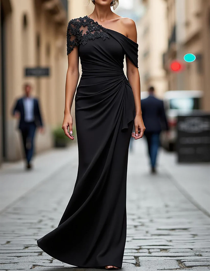 Maxi dress with one shoulder, lace appliqué, and pleated fabric