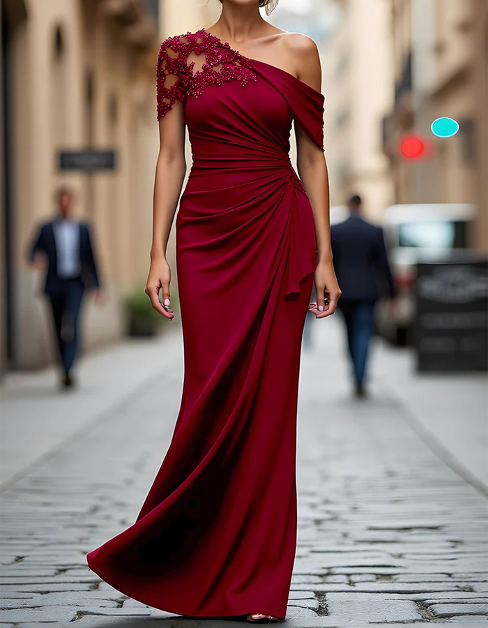 Maxi dress with one shoulder, lace appliqué, and pleated fabric