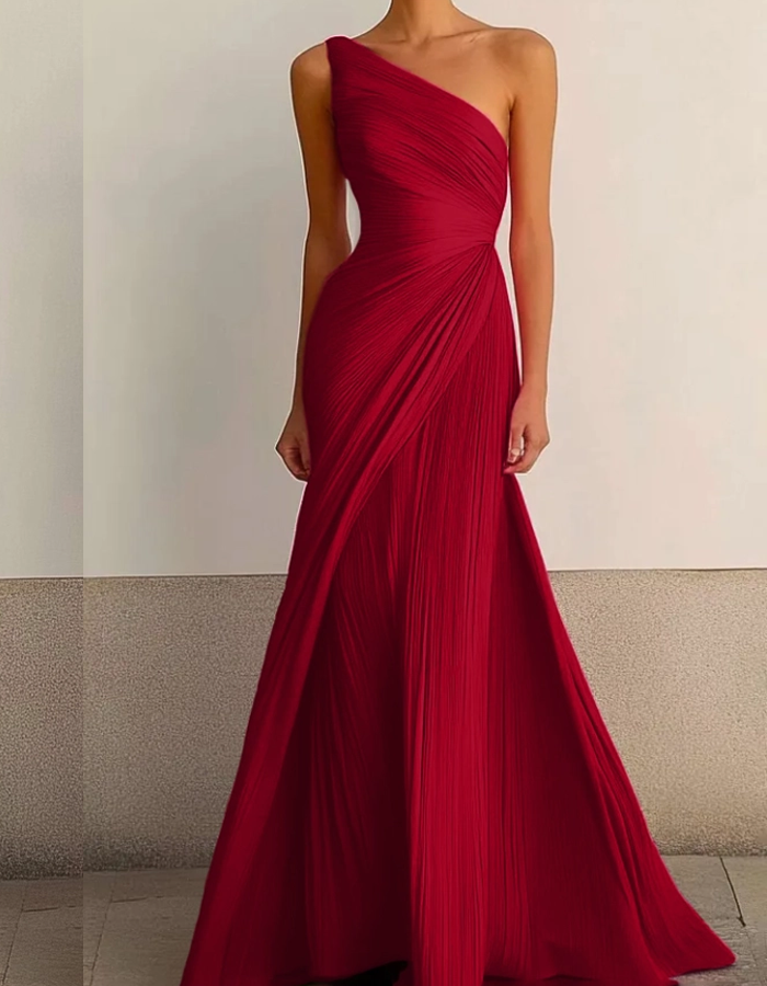 Red formal maxi dress with one shoulder