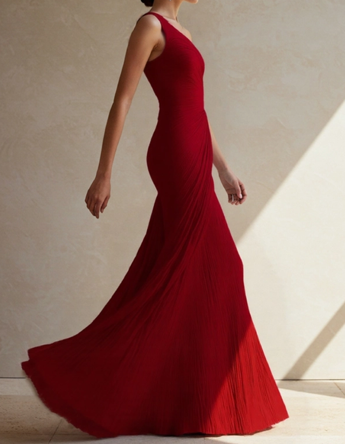 Red formal maxi dress with one shoulder