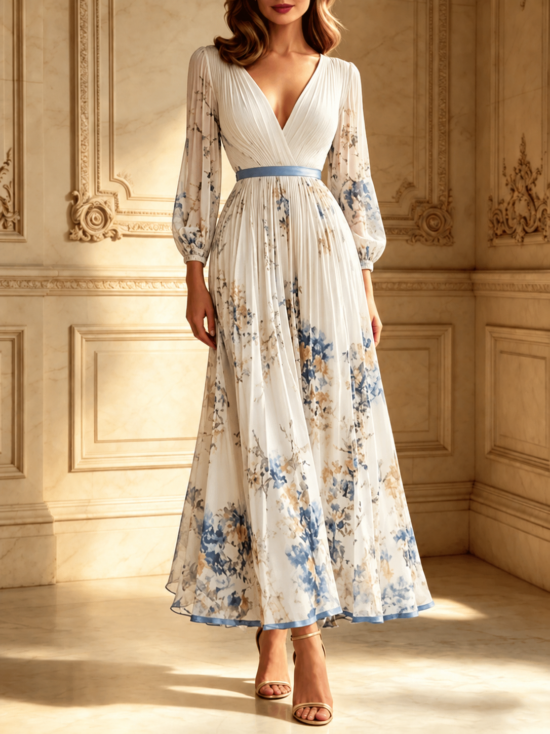 Spring New White Pleated Chiffon V Neck Floral Long Sleeve Balloon Sleeve A-Line Maxi Dress