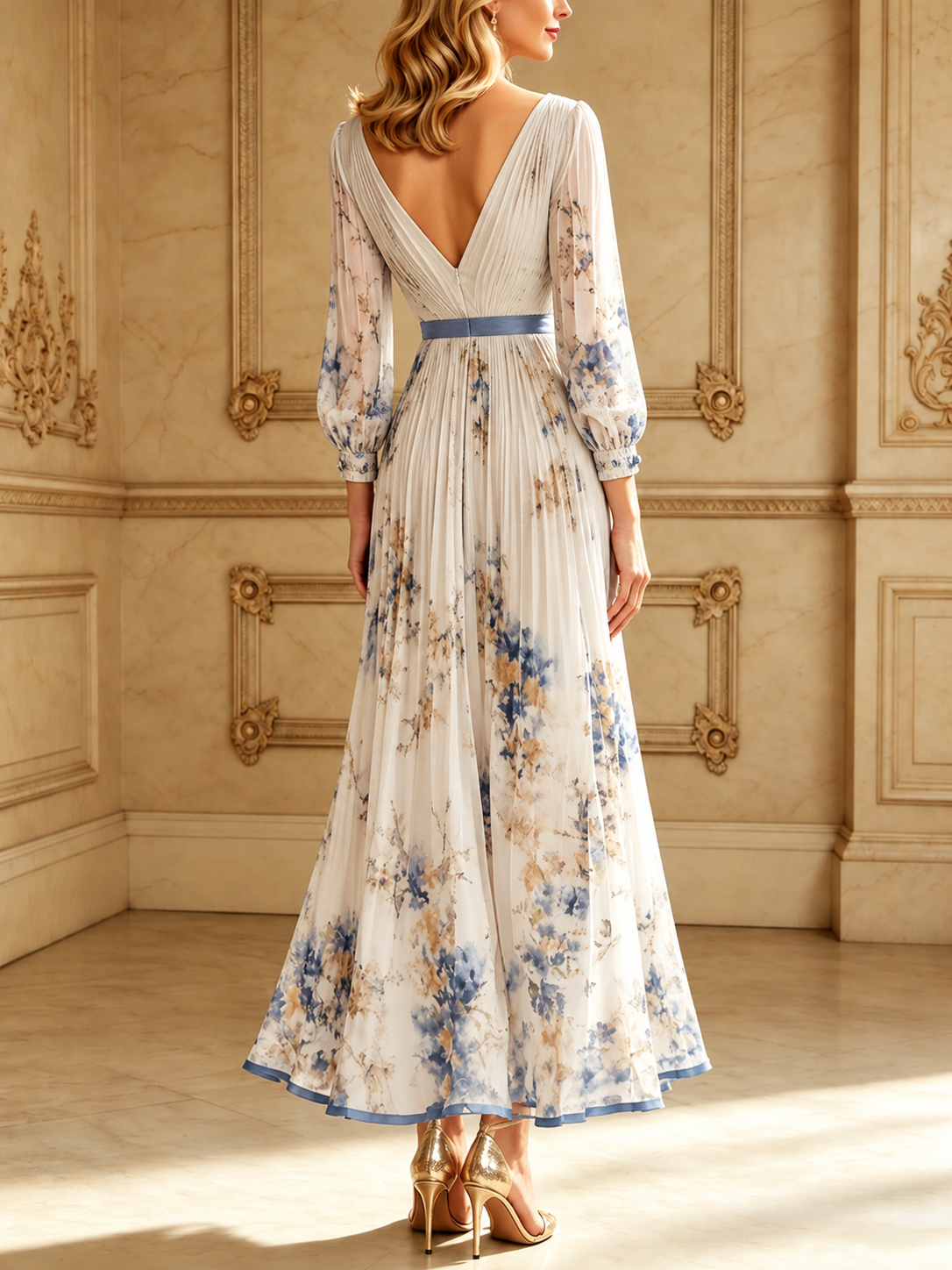 Spring New White Pleated Chiffon V Neck Floral Long Sleeve Balloon Sleeve A-Line Maxi Dress