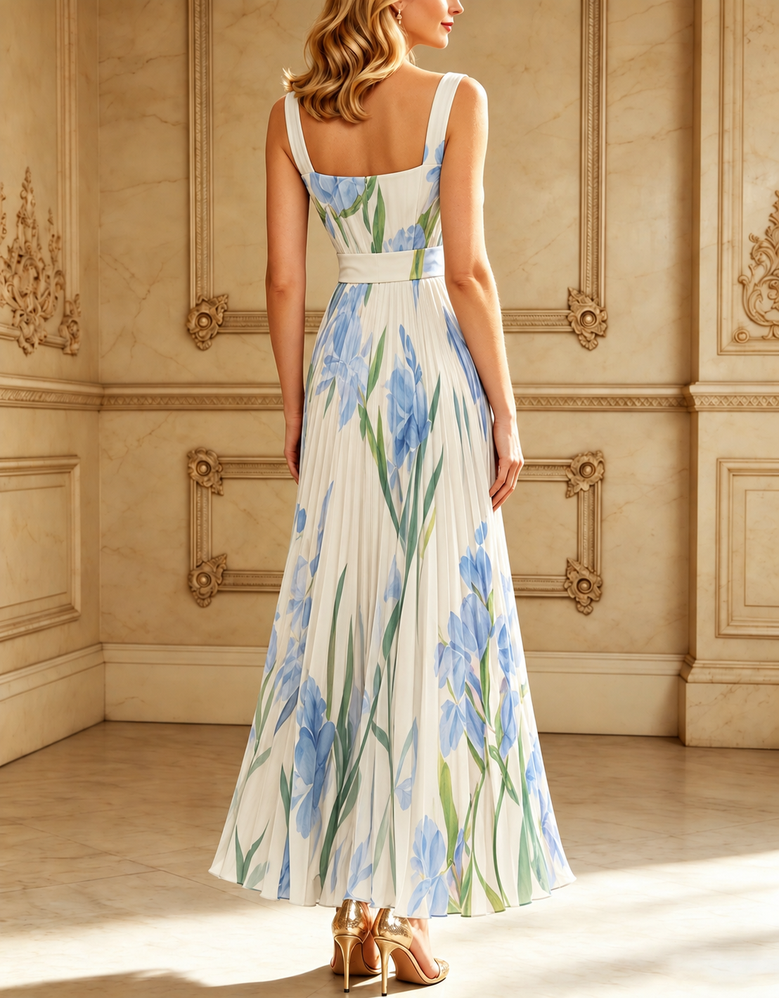 White Pleated Floral Chiffon Square Neck Sleeveless A-Line Maxi Dress