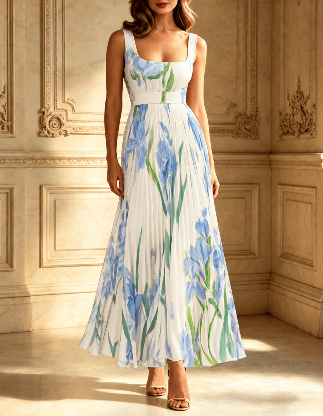 White Pleated Floral Chiffon Square Neck Sleeveless A-Line Maxi Dress