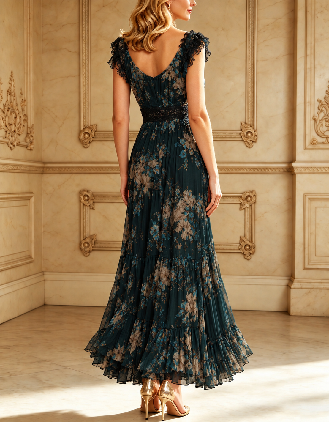 Vintage Dark Green Floral Lace-trimmed Chiffon maxi Dress