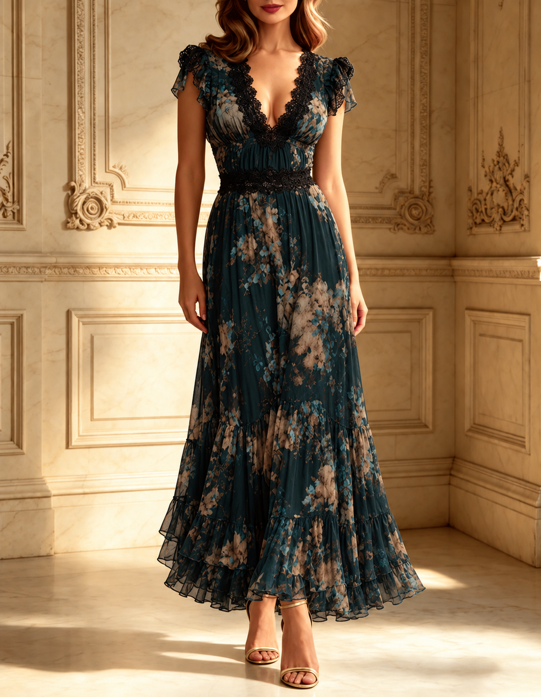 Vintage Dark Green Floral Lace-trimmed Chiffon maxi Dress