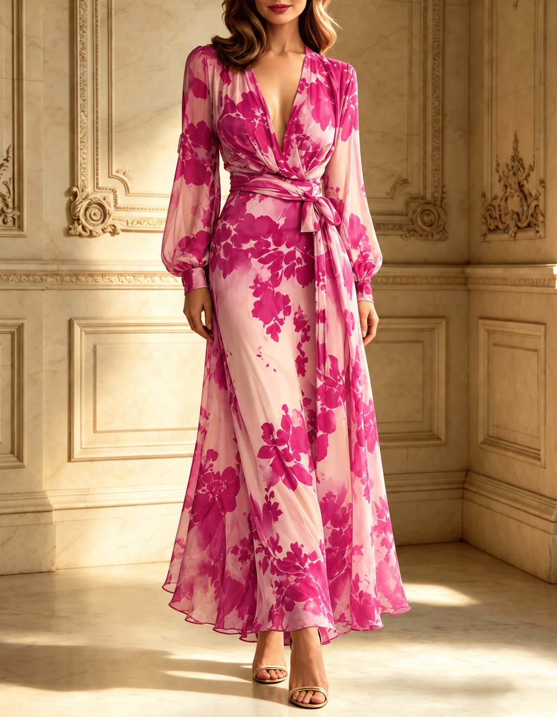 Rose Red Floral V-neck Belted Maxi Dress