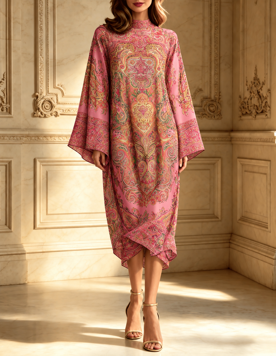 Pink Paisley Print Flared Long Sleeve Loose Midi Dress