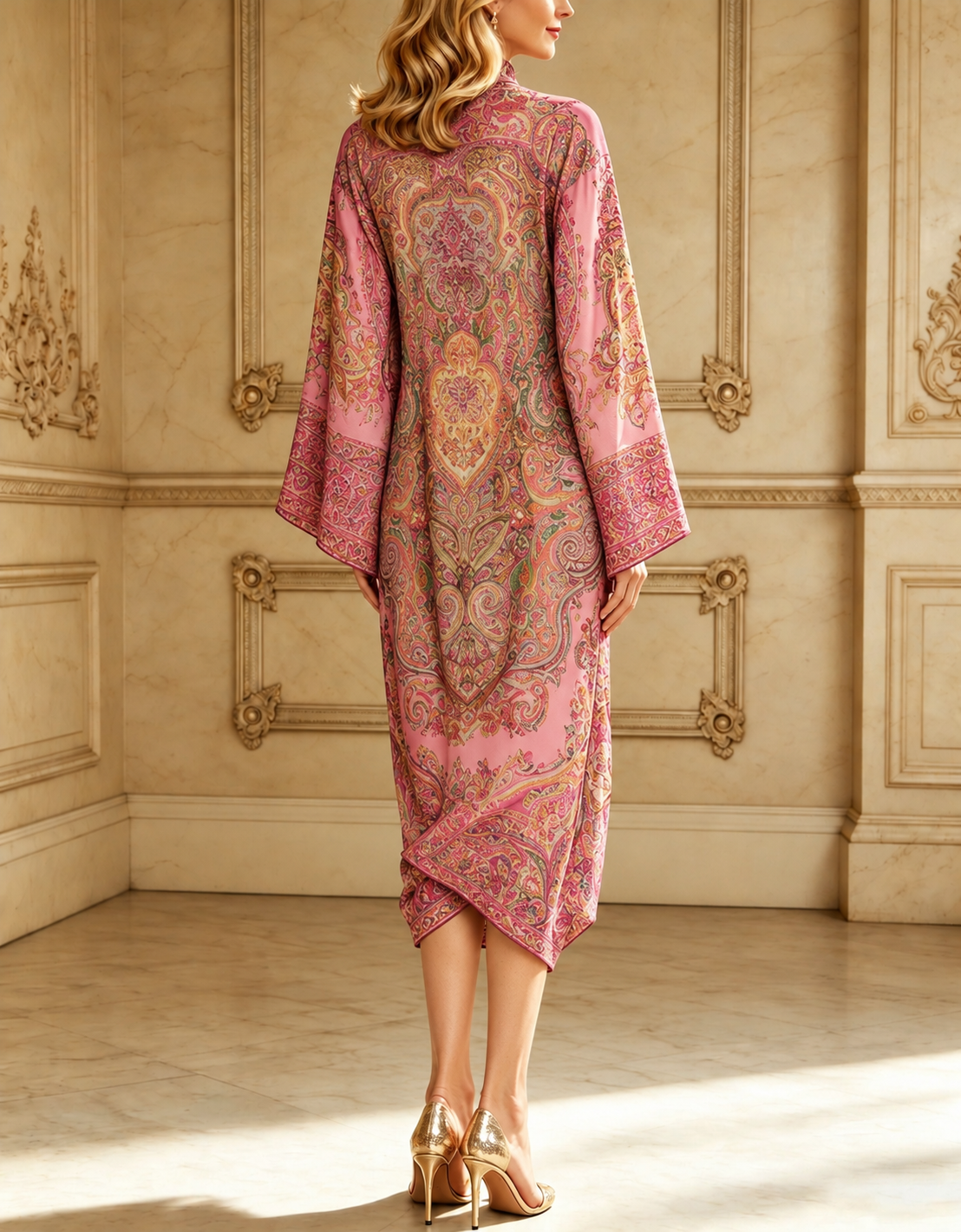 Pink Paisley Print Flared Long Sleeve Loose Midi Dress