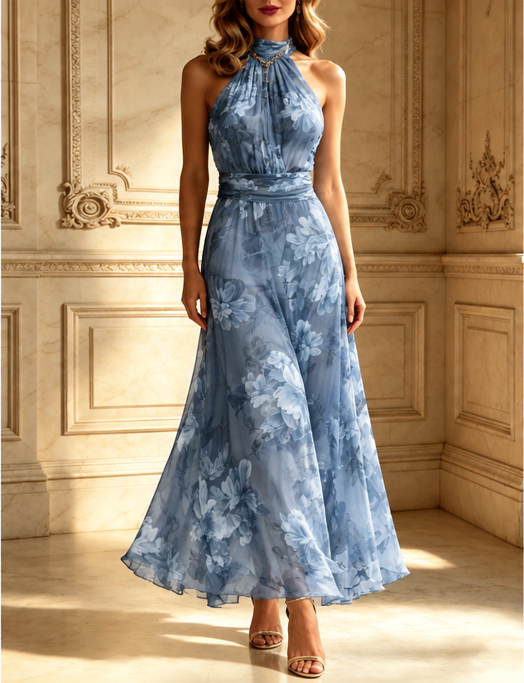 Saskia | Green Floral Halter Maxi Dress
