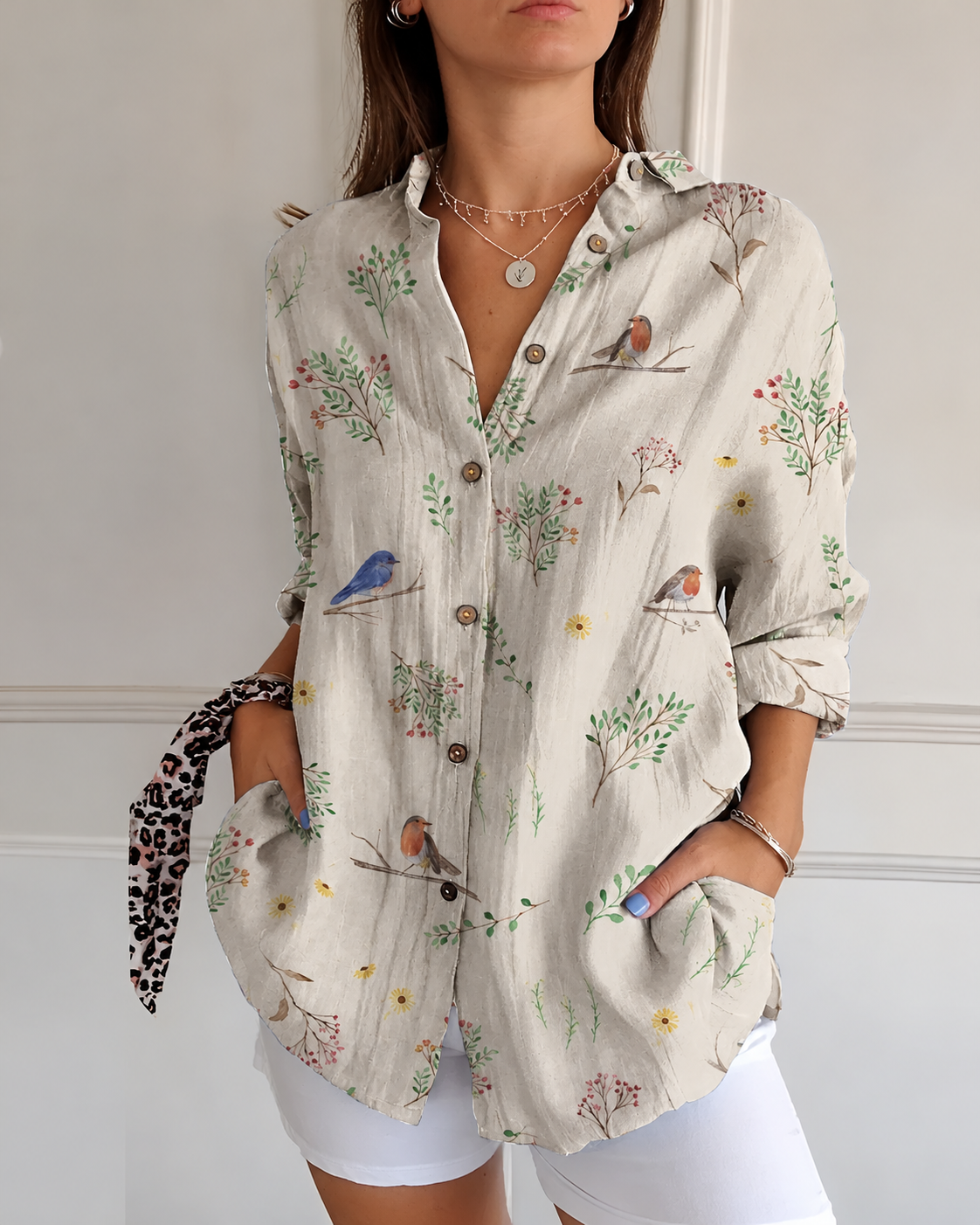 Julie - Shirt Blouse with Floral Branches and Front Pockets