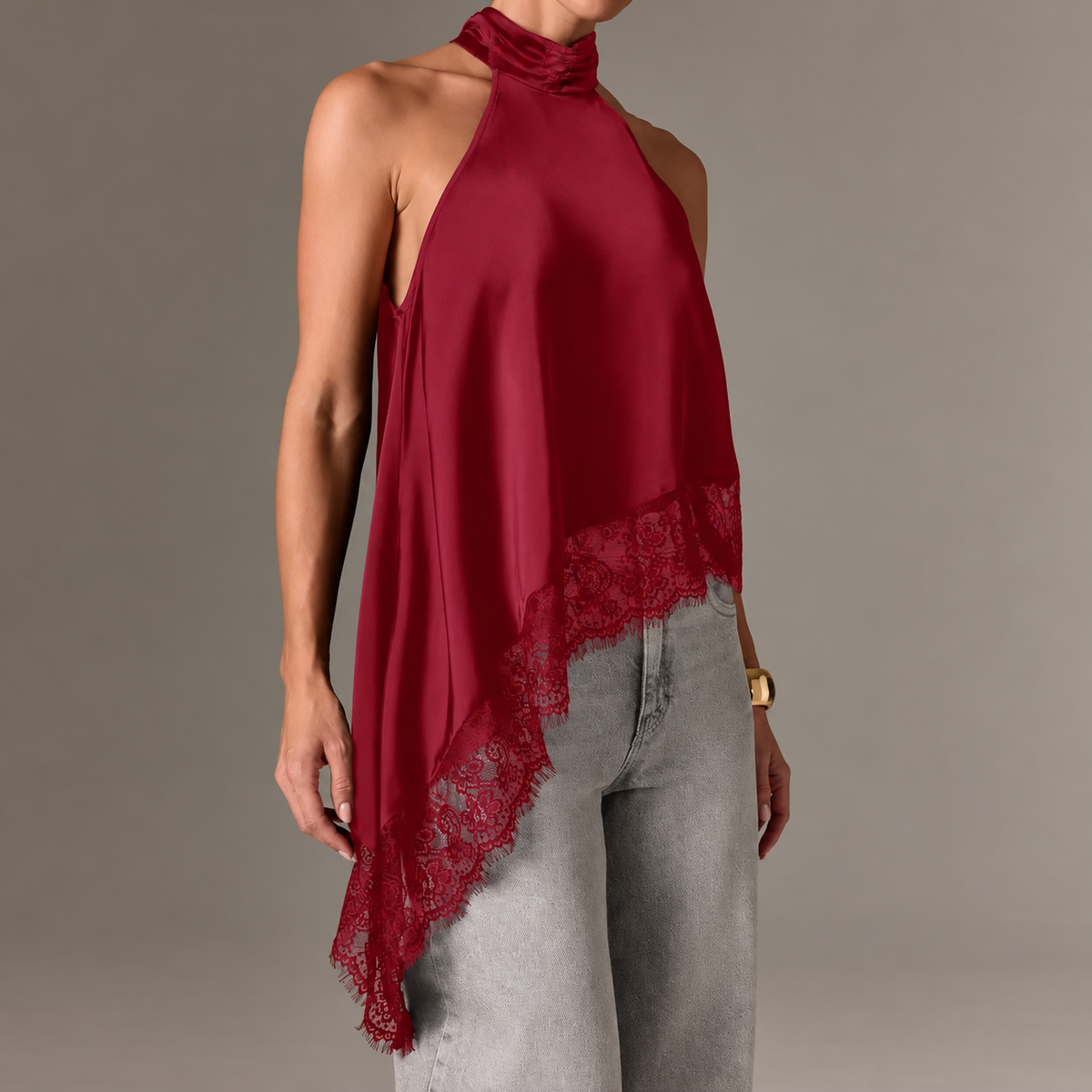 Satin Halter Asymmetrical Lace Hem Cami Top