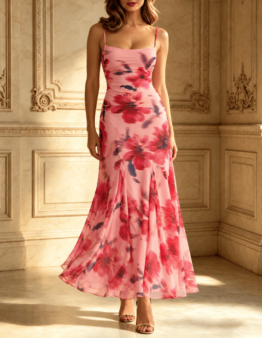 Floral Godet Maxi Dress in Pink