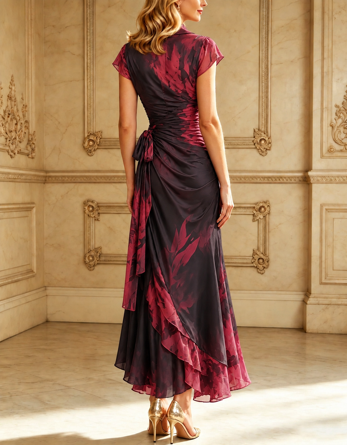 Red Black Abstract Print Wrap Midi Dress Collared V Neck Short Sleeve Tie Waist Ruffled High‑Low Hem Dress