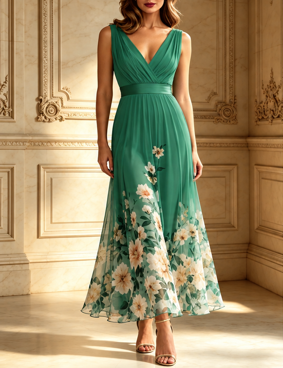 Light Blue Floral Chiffon V Neck Sleeveless A-Line Maxi Dress