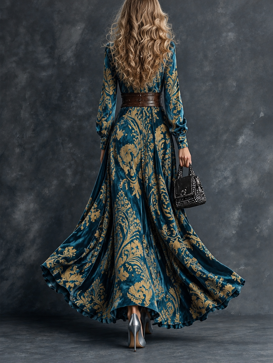Teal Blue & Gold Baroque Print Maxi Dress