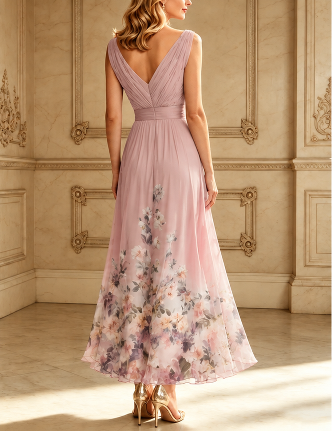 Light Blue Floral Chiffon V Neck Sleeveless A-Line Maxi Dress