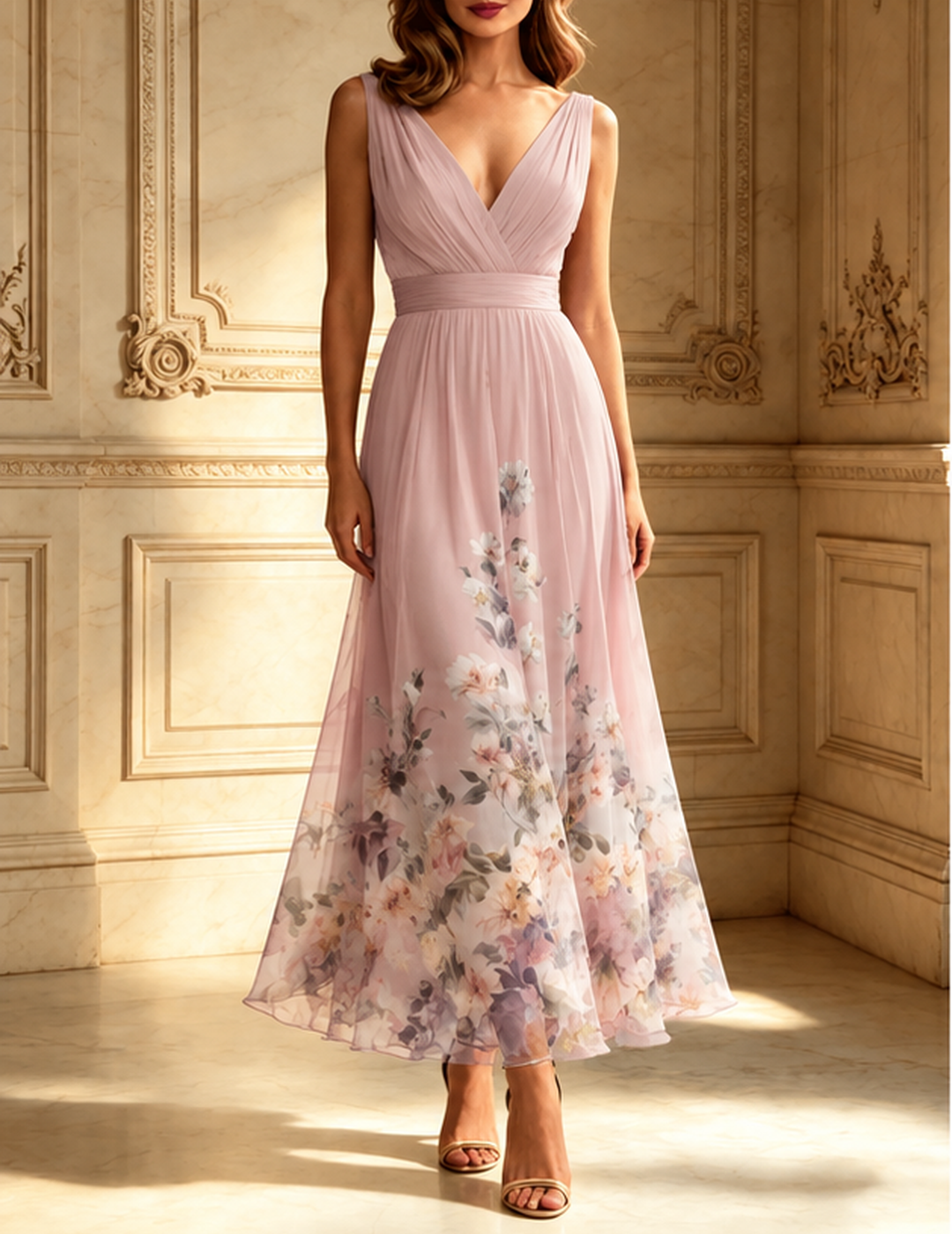 Light Blue Floral Chiffon V Neck Sleeveless A-Line Maxi Dress
