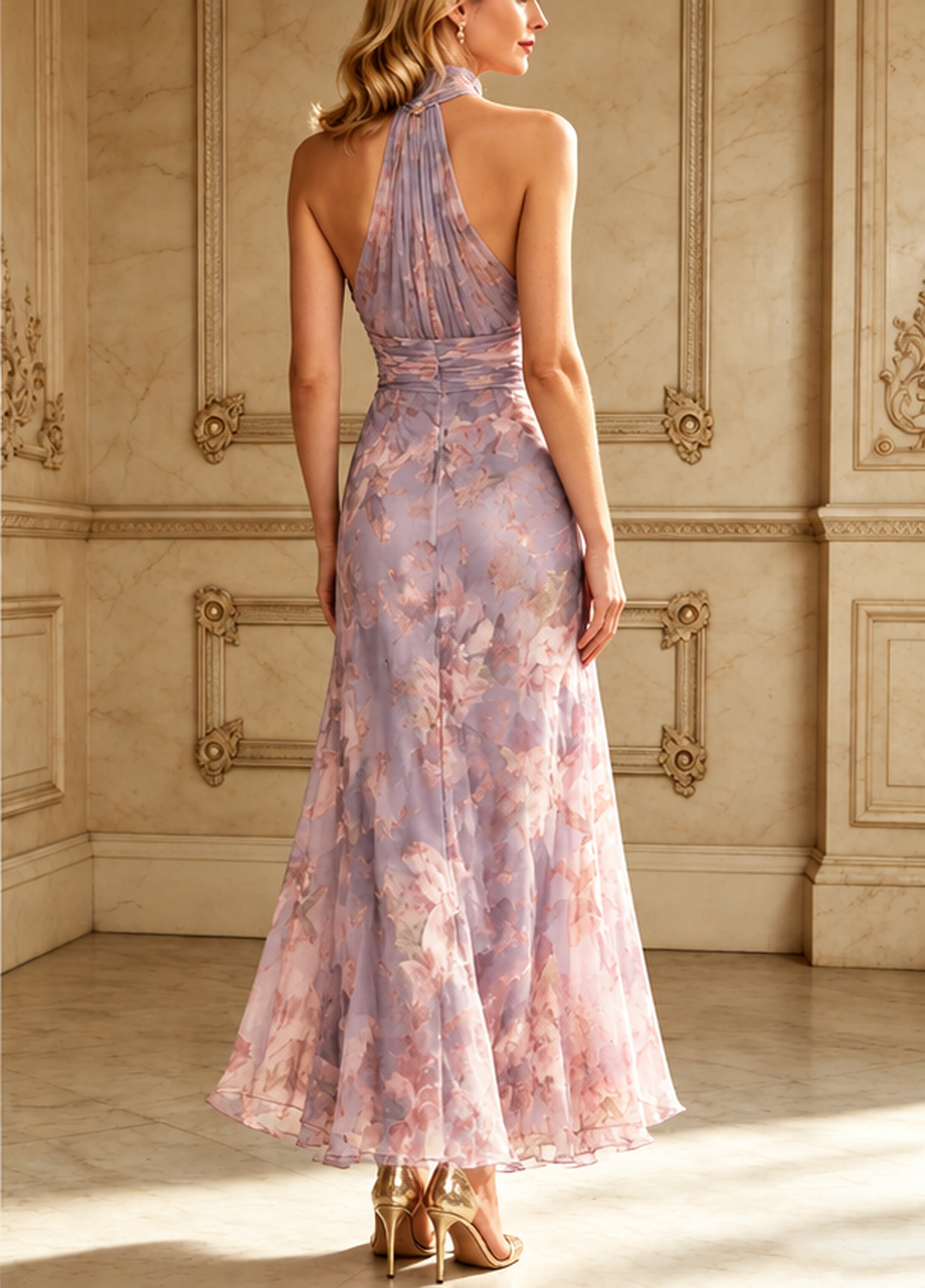 Saskia | Green Floral Halter Maxi Dress