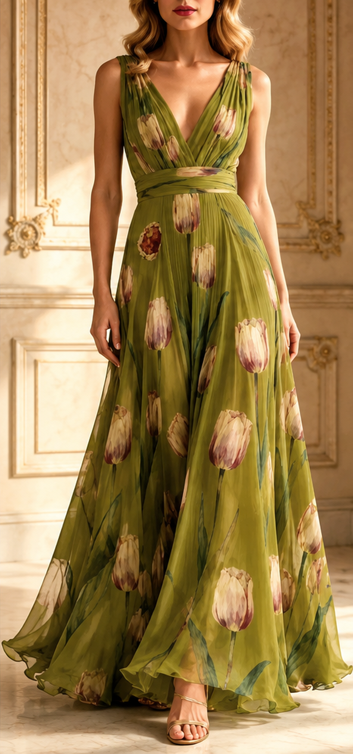 Julia | Floral V-Neck Chiffon Maxi Dress