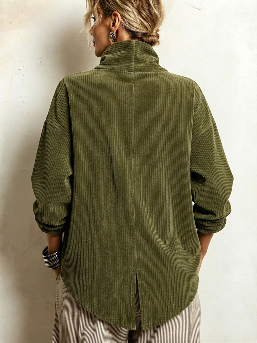 Lucilla | Ribbed Velvet Top with Diagonal Buttoning, Olive Green