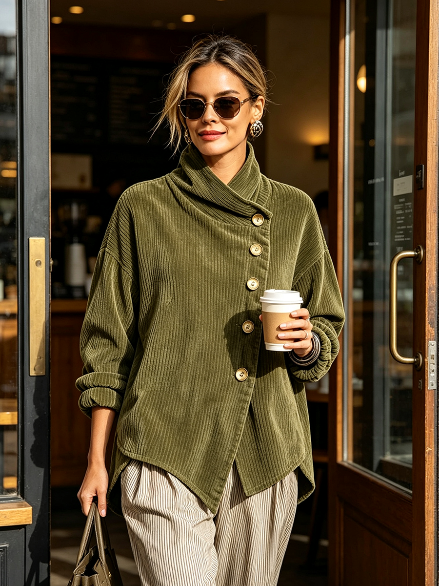 Lucilla | Ribbed Velvet Top with Diagonal Buttoning, Olive Green