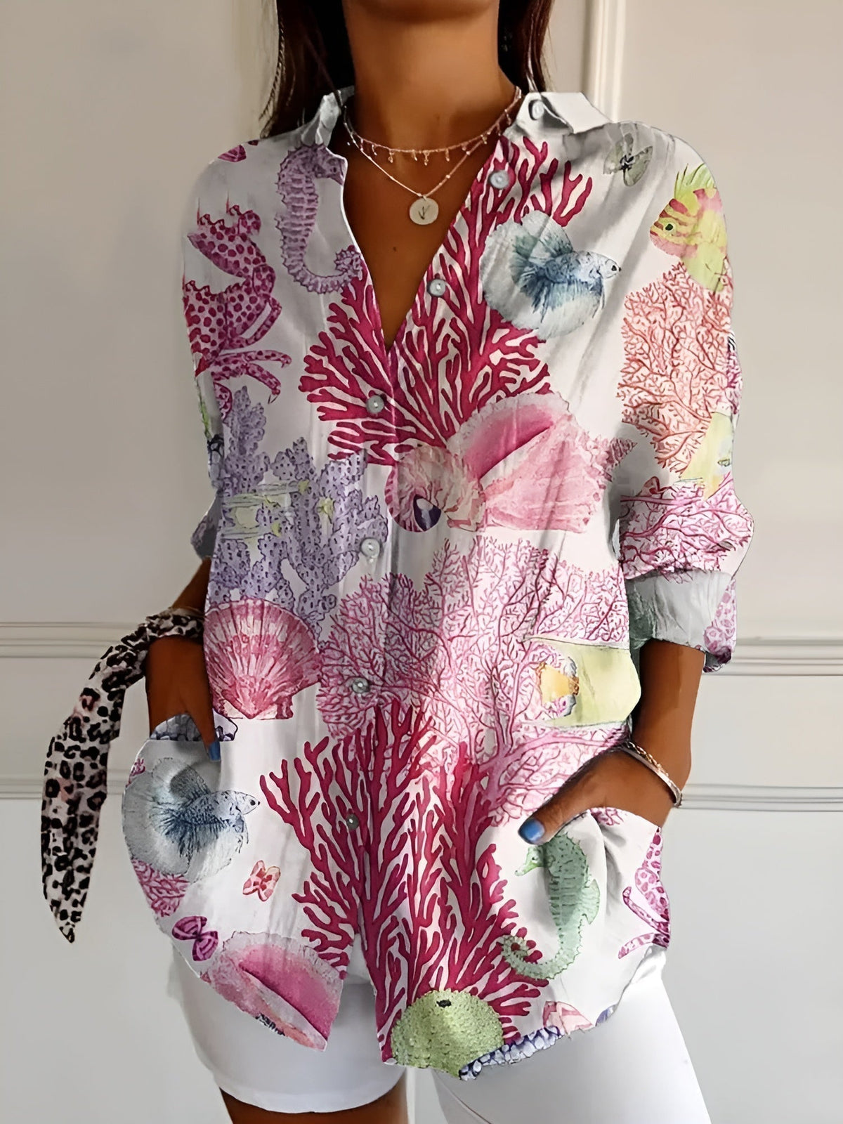 Julie - Shirt Blouse with Floral Branches and Front Pockets