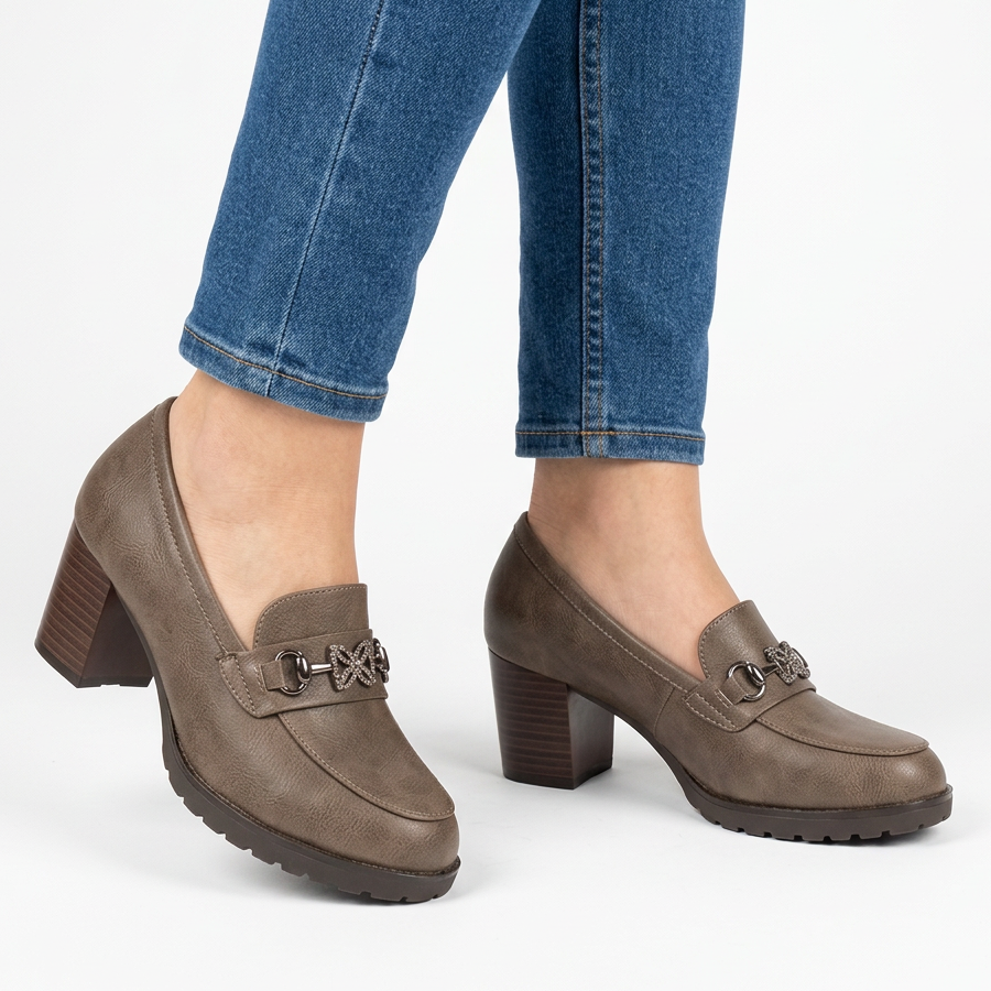 Veronica block heel loafer in brown, three-quarter angle
