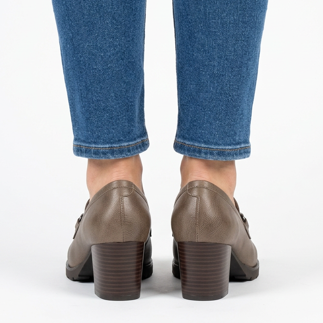 Veronica block heel loafer in brown, back view