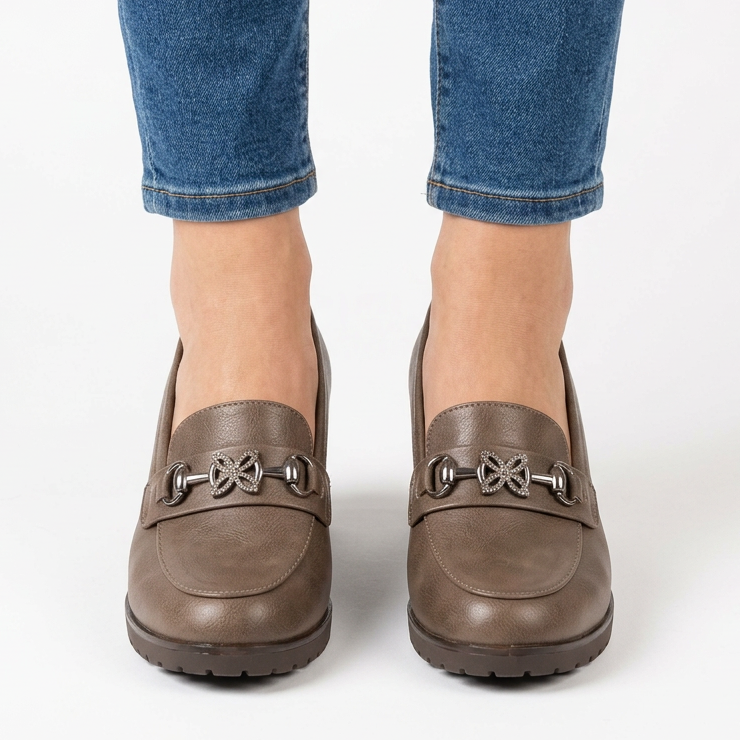 Veronica block heel loafer in brown, front view with the rhinestone clasp