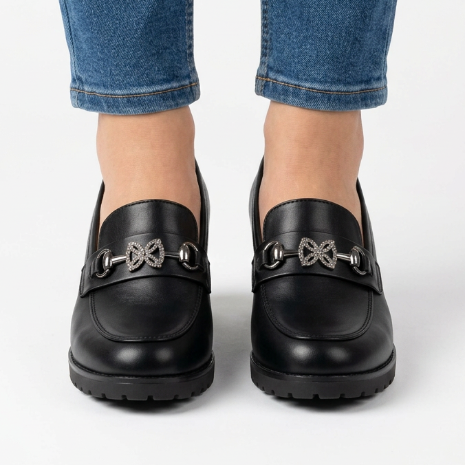 Veronica block heel loafer in black, front view with the rhinestone clasp