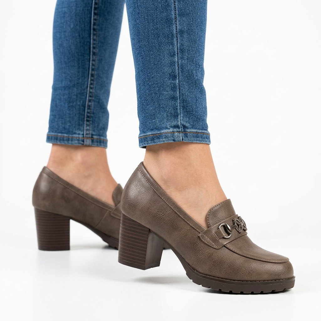 Veronica block heel loafer in brown, side profile showing the 7 cm heel