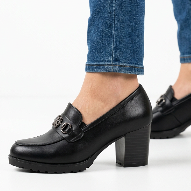 Veronica block heel loafer in black, side profile showing the 7 cm heel